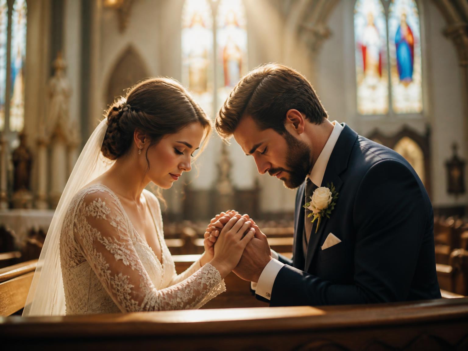 A Christian couple praying together in a sunlit church